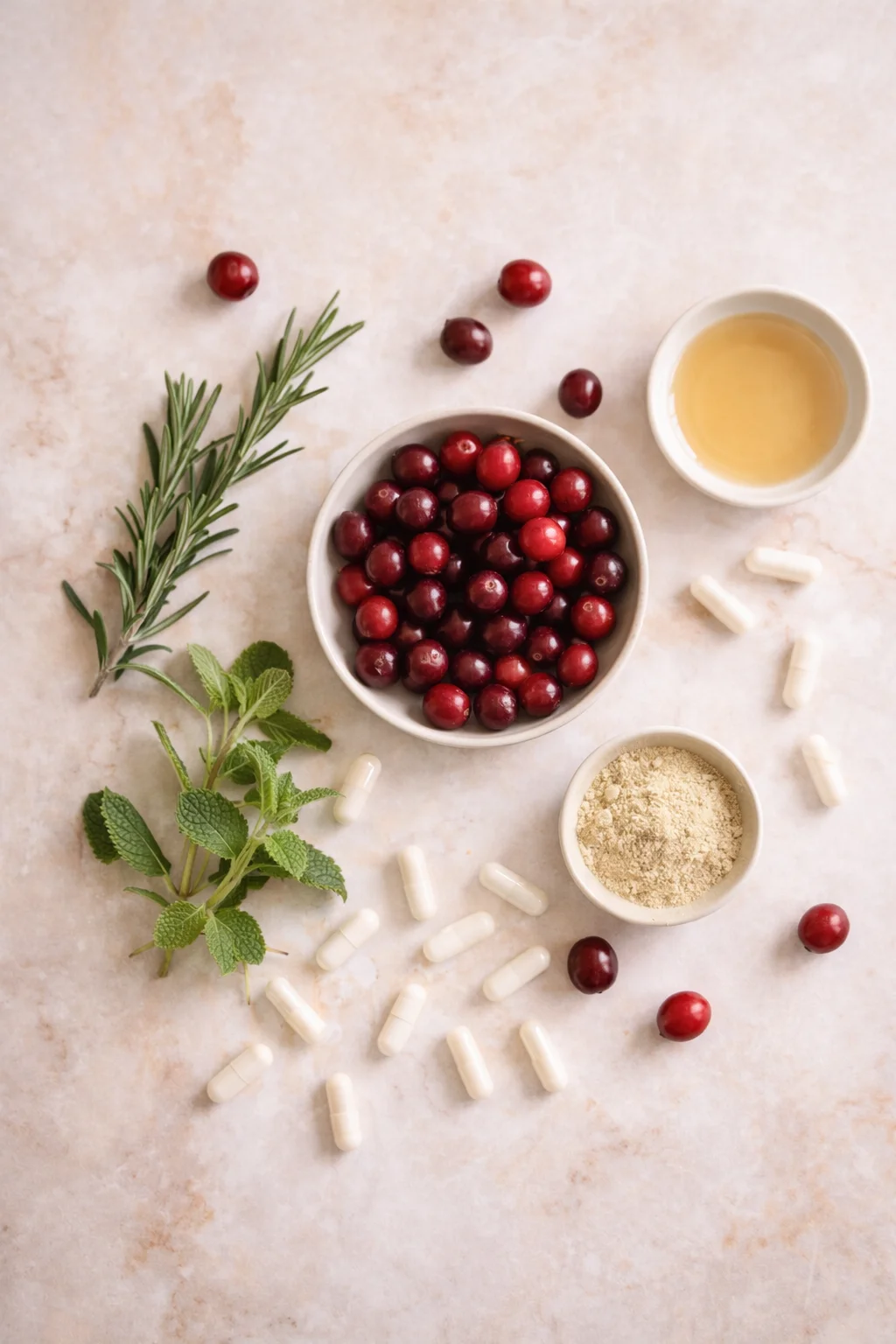 Ingredienti naturali — mirtilli rossi, erbe e capsule