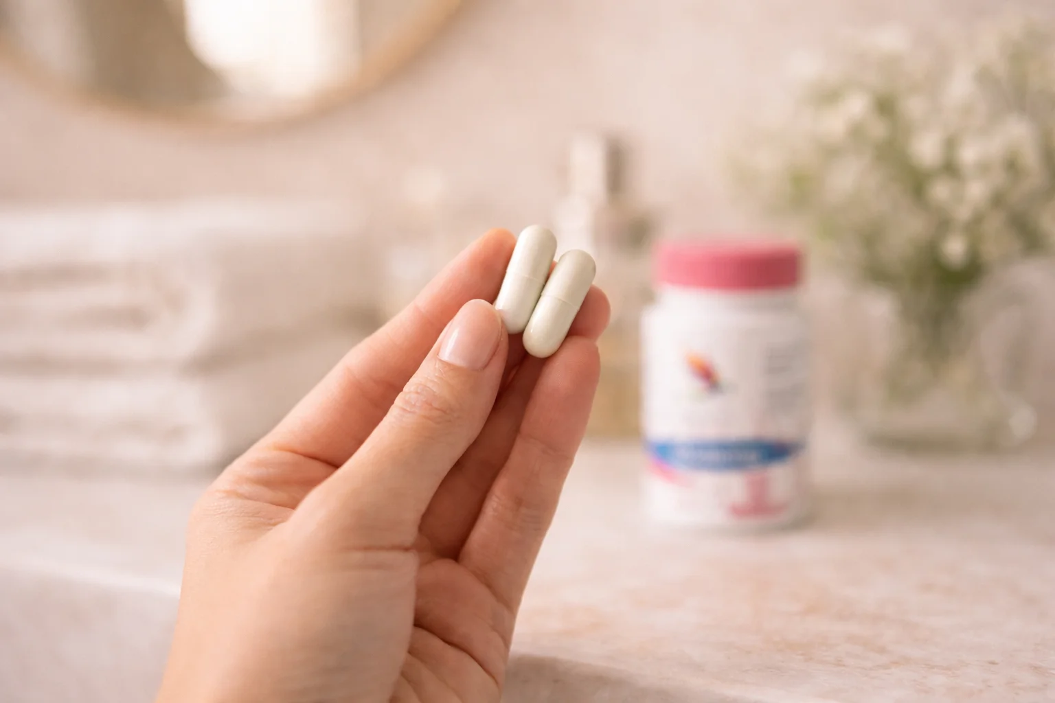 Mano che tiene due capsule Her Biotic